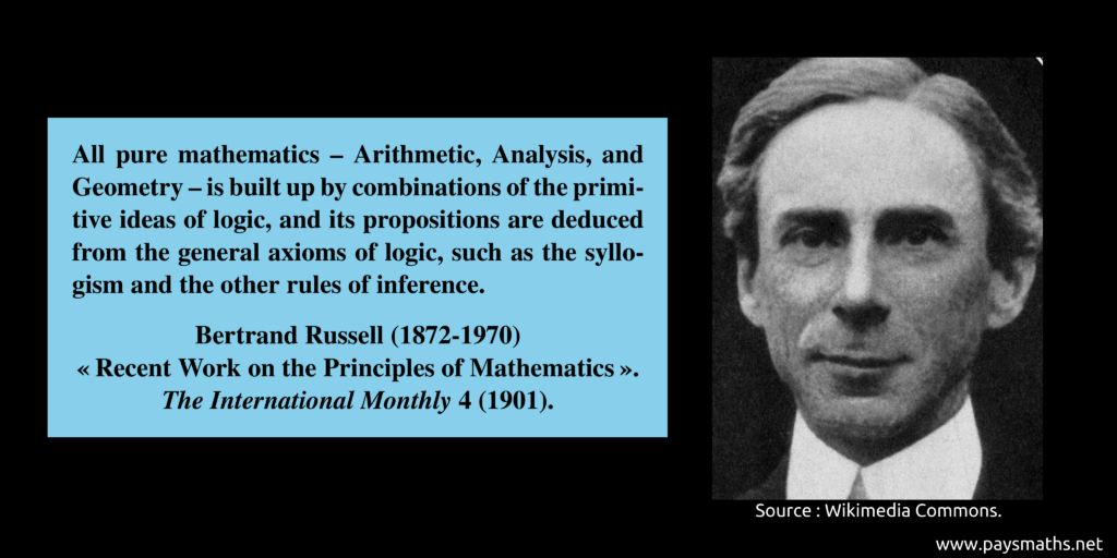 Photographic portrait of Bertrand Russell, and a quote : "All pure mathematics – Arithmetic, Analysis, and Geometry – is built up by combinations of the primitive ideas of logic, and its propositions are deduced from the general axioms of logic, such as the syllogism and the other rules of inference."