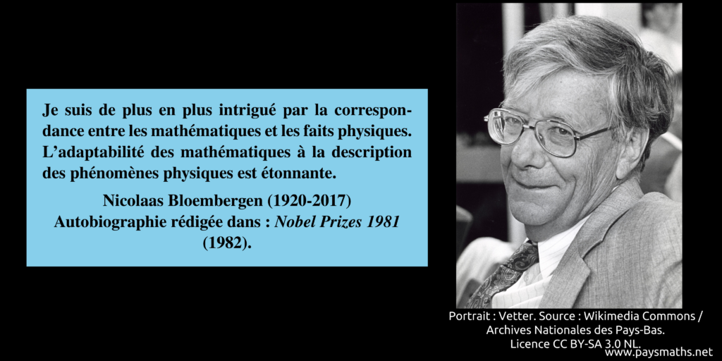 Portrait photographique de Nicolaas Bloembergen, et une citation : "Je suis de plus en plus intrigué par la correspondance entre les mathématiques et les faits physiques. L'adaptabilité des mathématiques à la description des phénomènes physiques est étonnante."