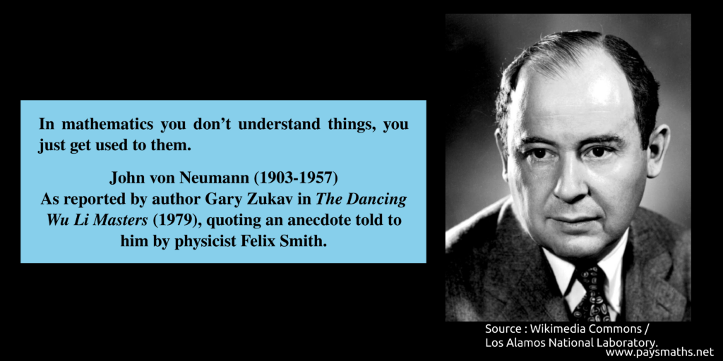 Photographic portrait of John von Neumann, and a quote : "In mathematics you don't understand things, you just get used to them."