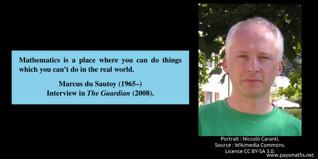 Photographic portrait of Marcus du Sautoy, and a quote : "Mathematics is a place where you can do things which you can't do in the real world."