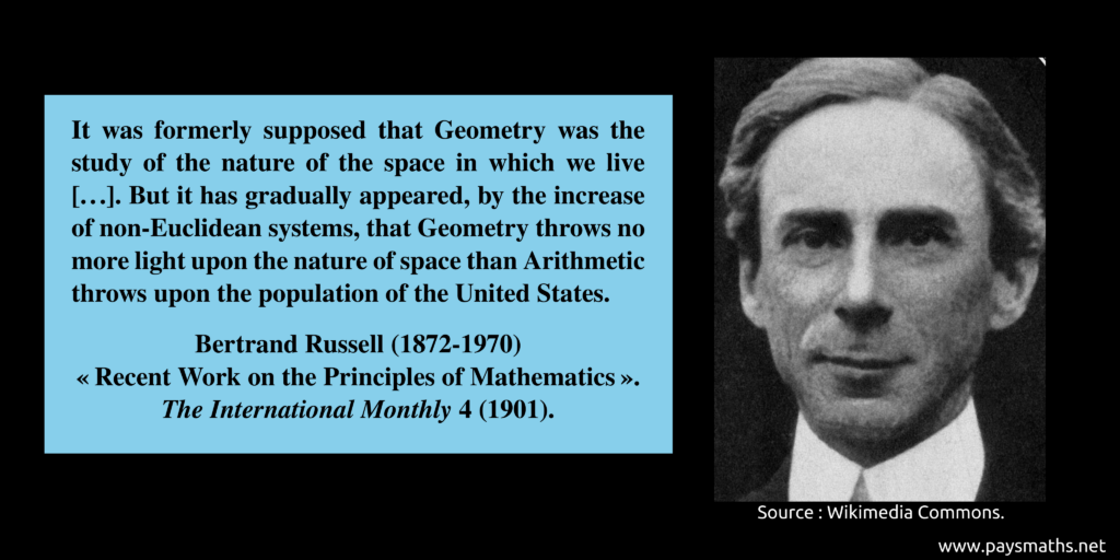 Photographic portrait of Bertrand Russell, and a quote : "It was formerly supposed that Geometry was the study of the nature of the space in which we live [...]. But it has gradually appeared, by the increase of non-Euclidean systems, that Geometry throws no more light upon the nature of space than Arithmetic throws upon the population of the United States."
