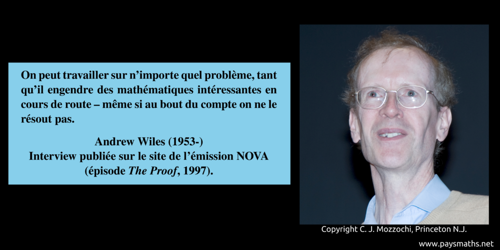 Portrait photographique d'Andrew Wiles, et une citation : "On peut travailler sur n'importe quel problème, tant qu'il engendre des mathématiques intéressantes en cours de route – même si au bout du compte on ne le résout pas."