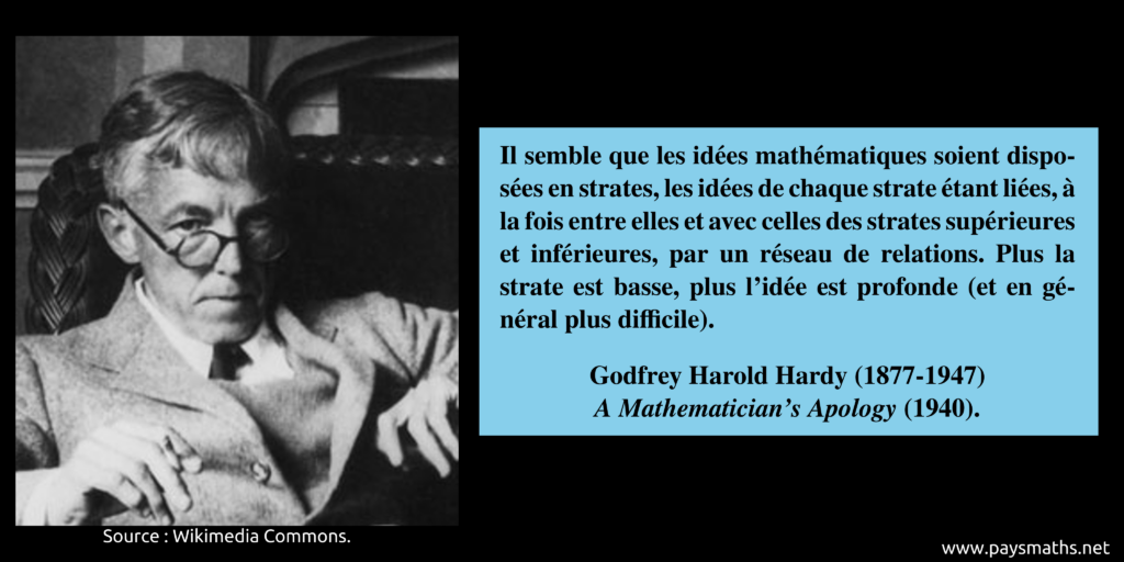 Portrait photographique de Godfrey Harold Hardy, et une citation : "Il semble que les idées mathématiques soient disposées en strates, les idées de chaque strate étant liées, à la fois entre elles et avec celles des strates supérieures et inférieures, par un réseau de relations. Plus la strate est basse, plus l'idée est profonde (et en général plus difficile)."