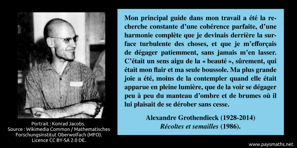 Portrait photographique d'Alexandre Grothendieck, et une citation : "Mon principal guide dans mon travail a été la recherche constante d’une cohérence parfaite, d’une harmonie complète que je devinais derrière la surface turbulente des choses, et que je m'efforçais de dégager patiemment, sans jamais m’en lasser. C’était un sens aigu de la "beauté", sûrement, qui était mon flair et ma seule boussole. Ma plus grande joie a été, moins de la contempler quand elle était apparue en pleine lumière, que de la voir se dégager peu à peu du manteau d’ombre et de brumes où il lui plaisait de se dérober sans cesse."