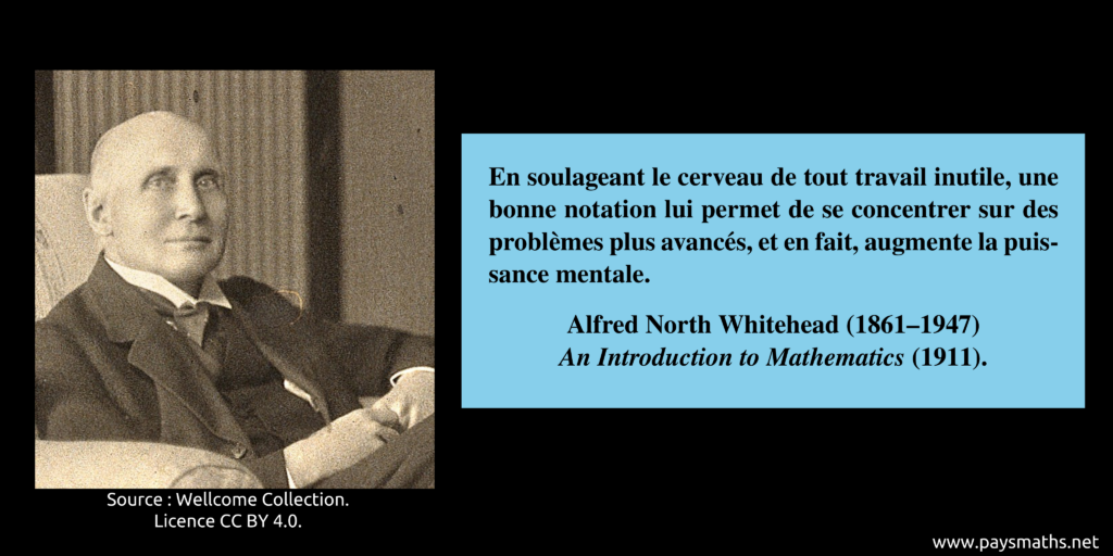 Portrait photographique d'Alfred North Whitehead, et une citation : "En soulageant le cerveau de tout travail inutile, une bonne notation lui permet de se concentrer sur des problèmes plus avancés, et en fait, augmente la puissance mentale."
